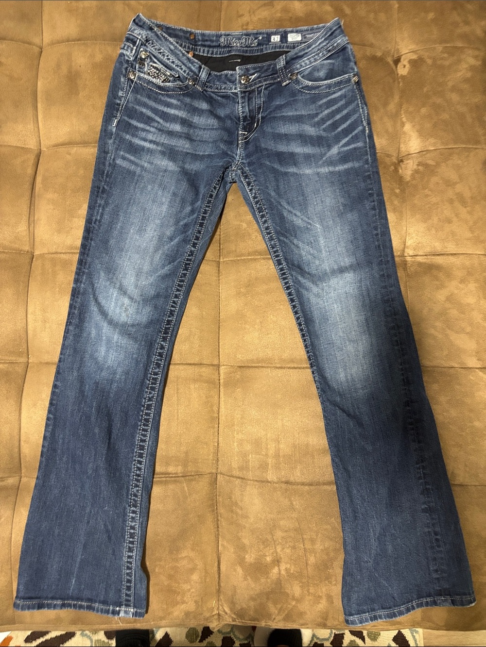 Miss Me Blue Bootcut Jeans with Faded Whiskering
